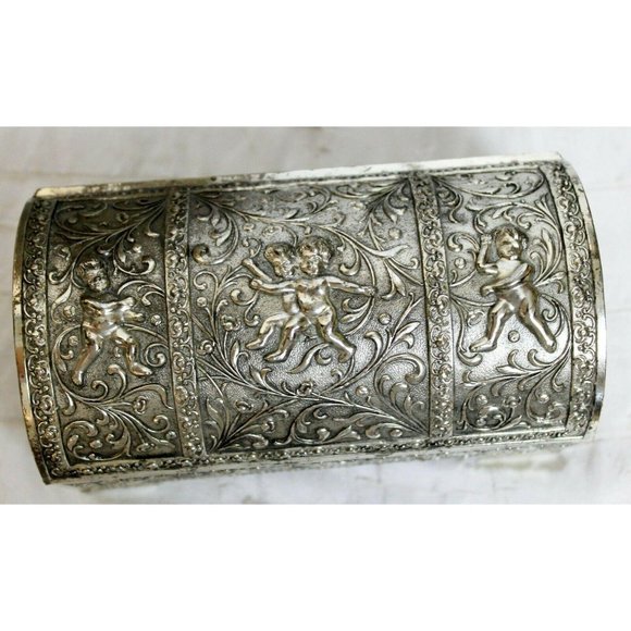 Vtg Silver Metal 3D Trinket Jewelry Box Cherubs Flower Dome Lid French Regency - Picture 5 of 10